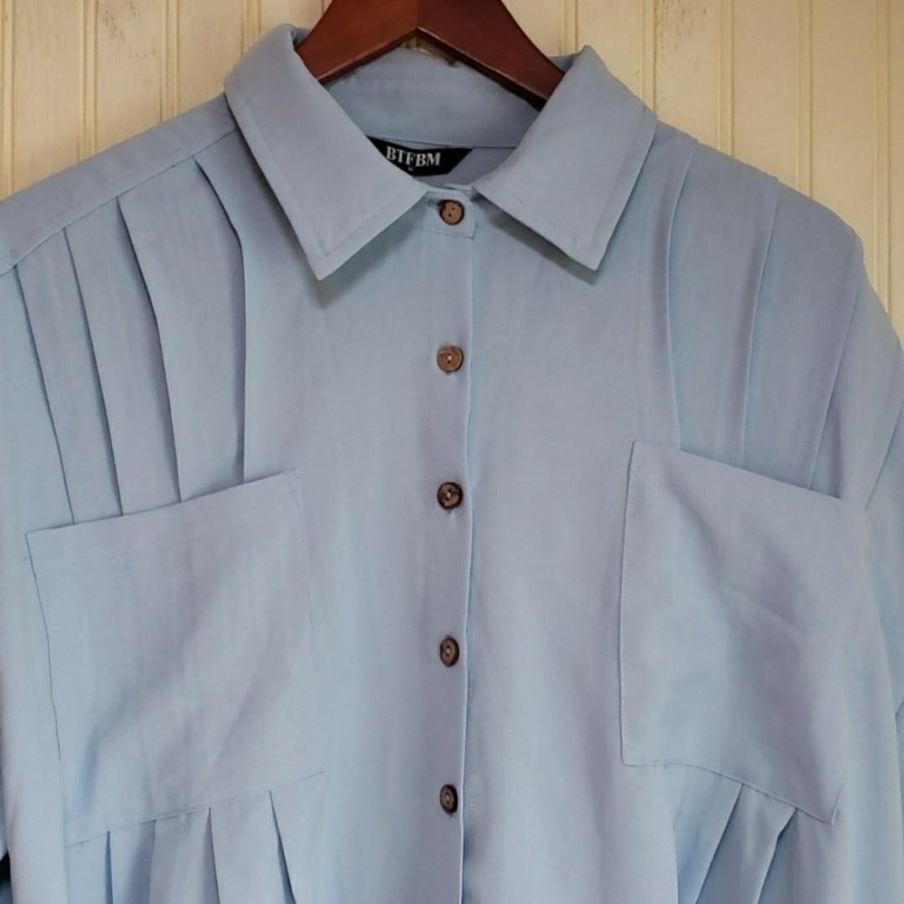 BTFBM Blouse Womens Medium Blue Collared Long Sleeve Pleated Button Tunic Top‎